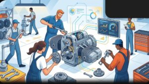 Современная иллюстрация процесса капитального ремонта двигателя автомобиля Урал для статьи в блоге компании